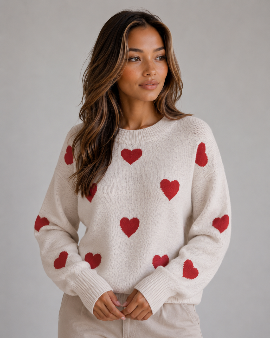 ARDELLE | HEART PRINT CREW NECK SWEATER - Ivory Heart Print