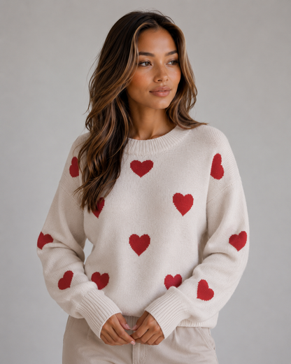 ARDELLE | HEART PRINT CREW NECK SWEATER - Ivory Heart Print