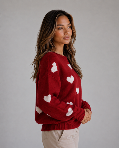 ARDELLE | HEART PRINT CREW NECK SWEATER - Red Heart Print