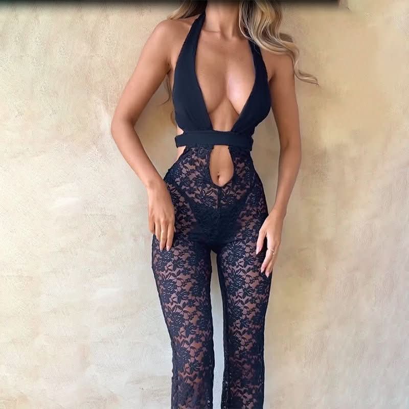Black lace jumpsuit close-up showing V neckline and floral lace cutout detail for women