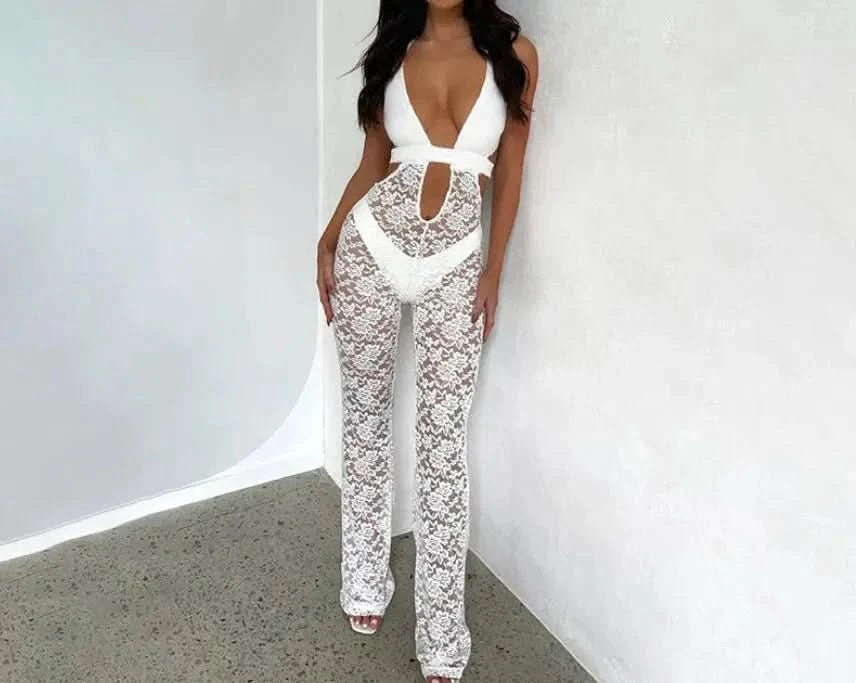 White lace formal jumpsuit with V neck halter and sheer floral legs for women