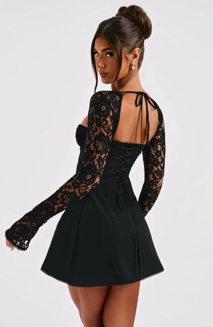 ARIADNA | LACE SLEEVE MINI DRESS - Black