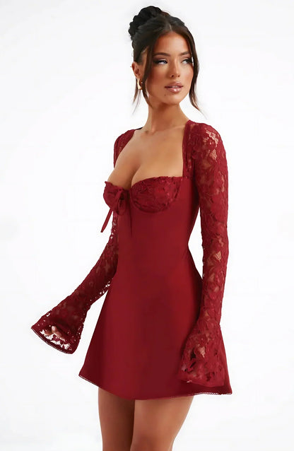 ARIADNA | LACE SLEEVE MINI DRESS - Deep Red