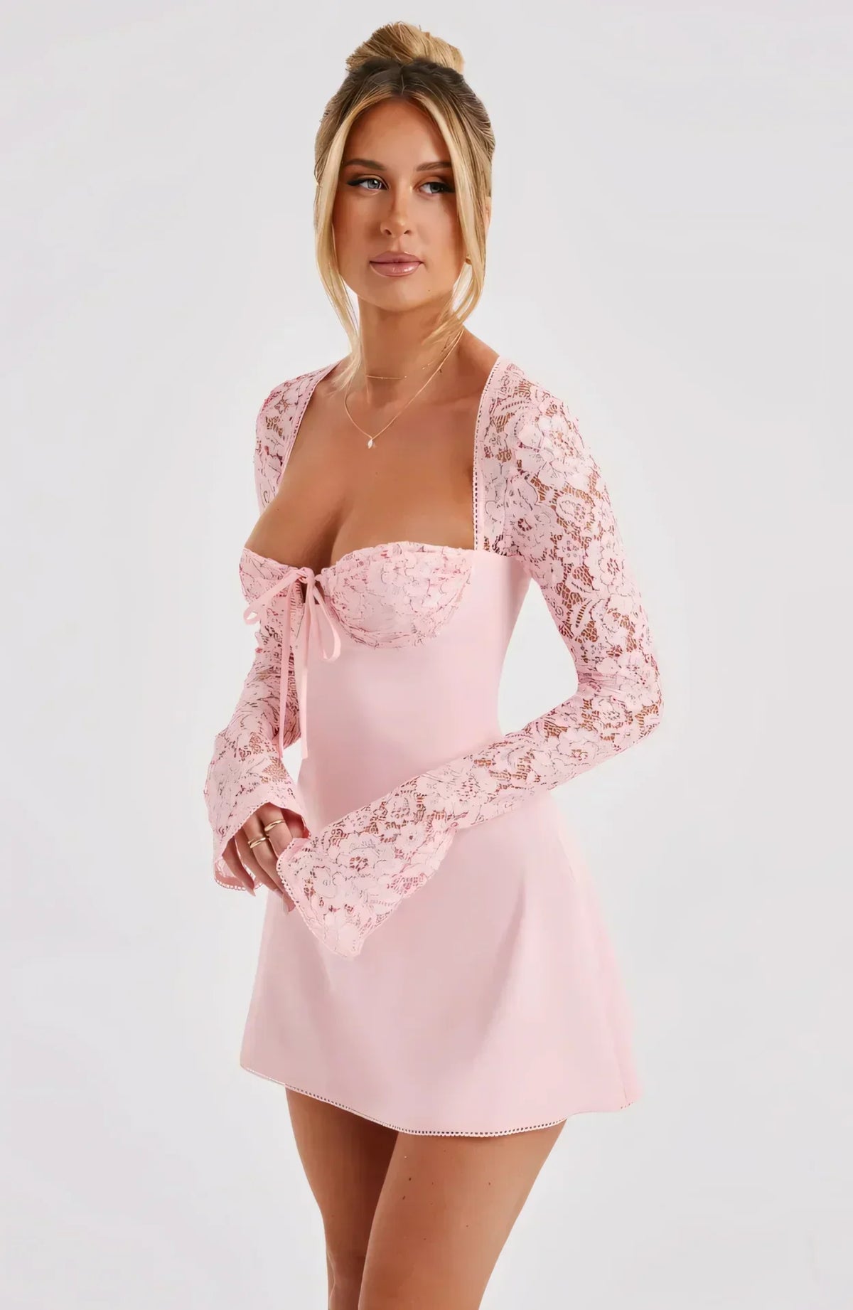 ARIADNA | LACE SLEEVE MINI DRESS - Light Pink