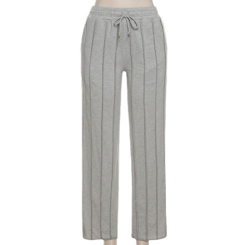 Gray high waist sweatpants front view with vertical seams