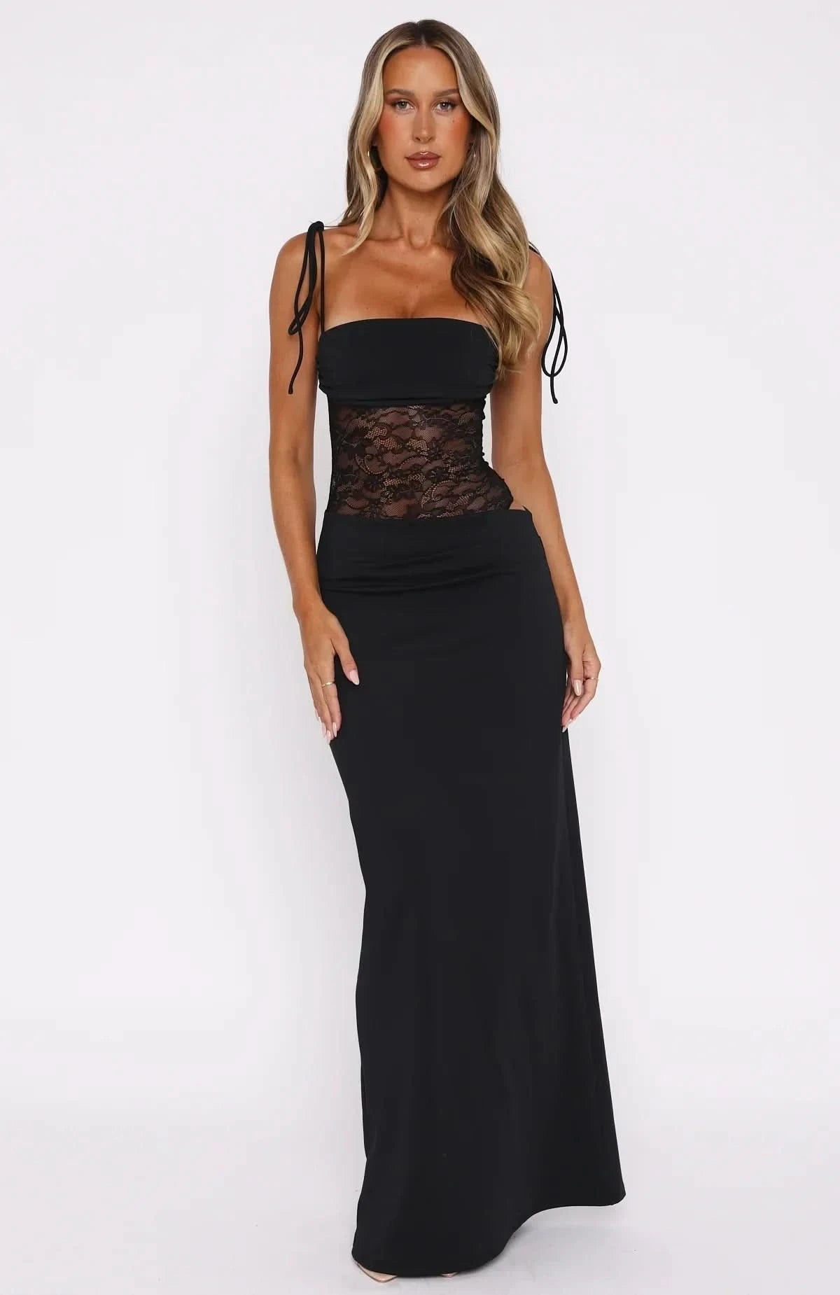 Black maxi dress with lace waist panel and adjustable tie straps