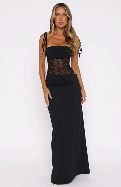 Black maxi dress with lace waist panel and adjustable tie straps