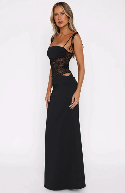 Side view of black evening dress with lace corset cutout detail