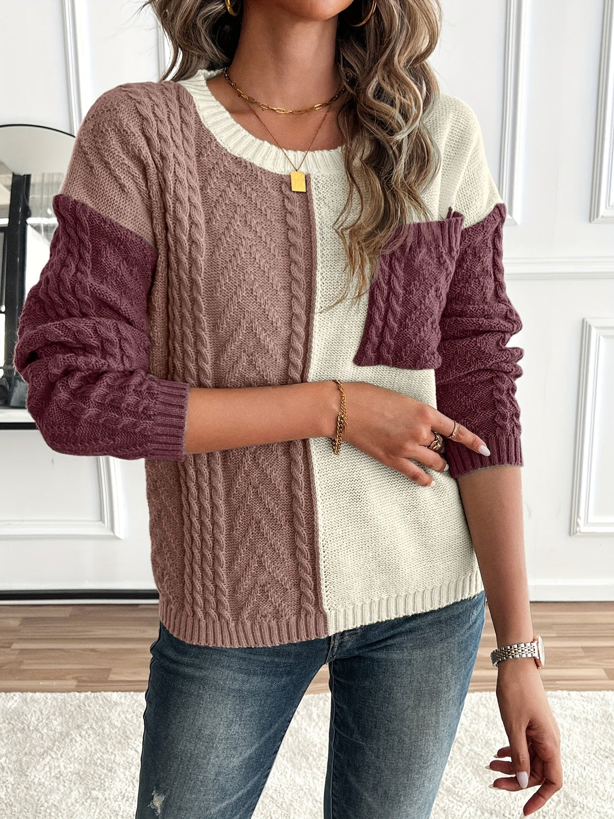 ARLA | COLORBLOCK CABLE KNIT SWEATER - Burgundy Colorblock