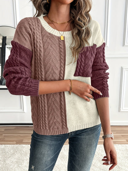 ARLA | COLORBLOCK CABLE KNIT SWEATER - Burgundy Colorblock