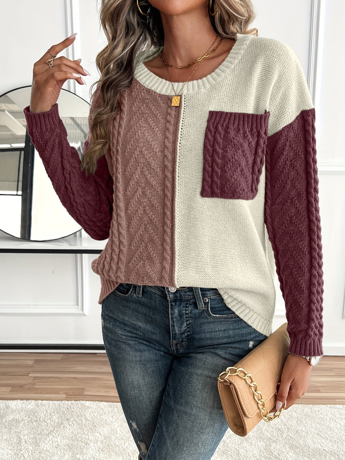 ARLA | COLORBLOCK CABLE KNIT SWEATER - Burgundy Colorblock