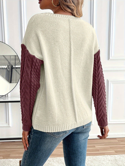 ARLA | COLORBLOCK CABLE KNIT SWEATER - Burgundy Colorblock