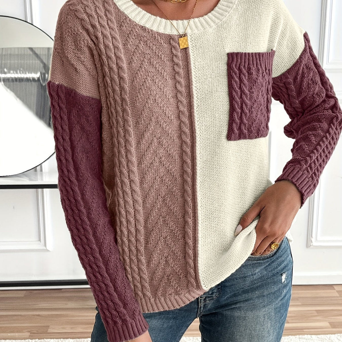 ARLA | COLORBLOCK CABLE KNIT SWEATER - Burgundy Colorblock