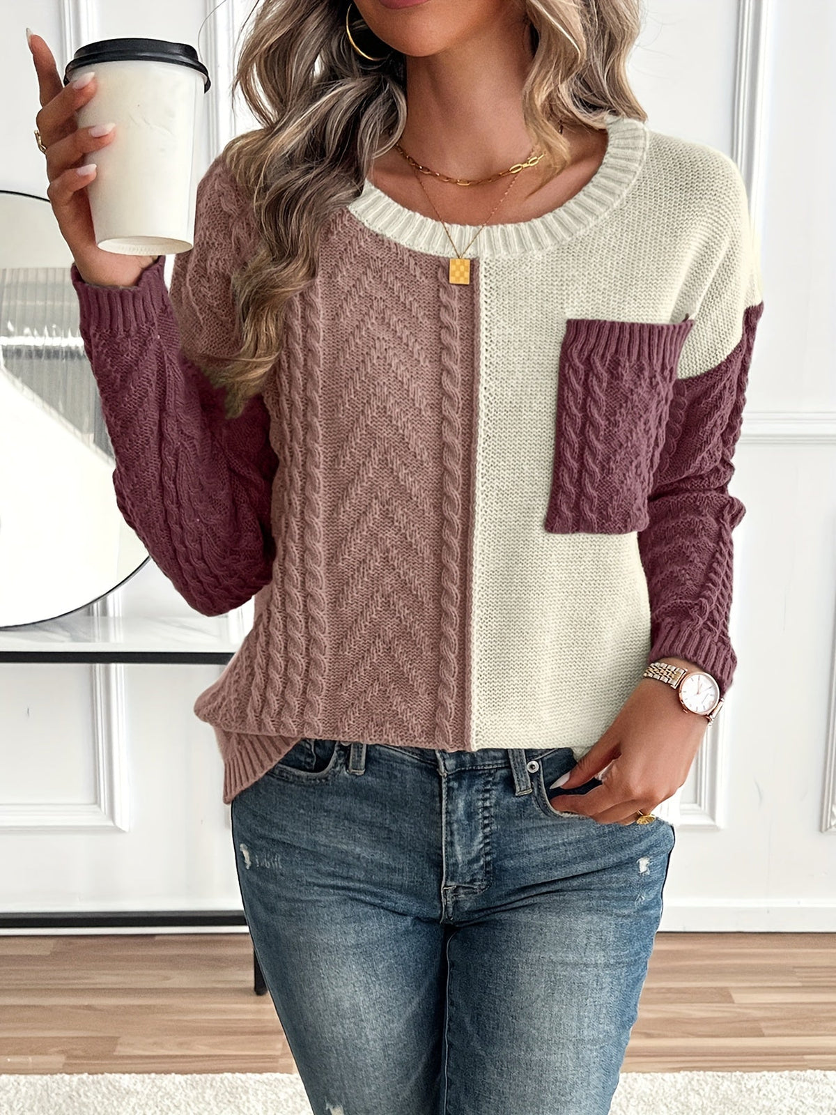 ARLA | COLORBLOCK CABLE KNIT SWEATER - Burgundy Colorblock