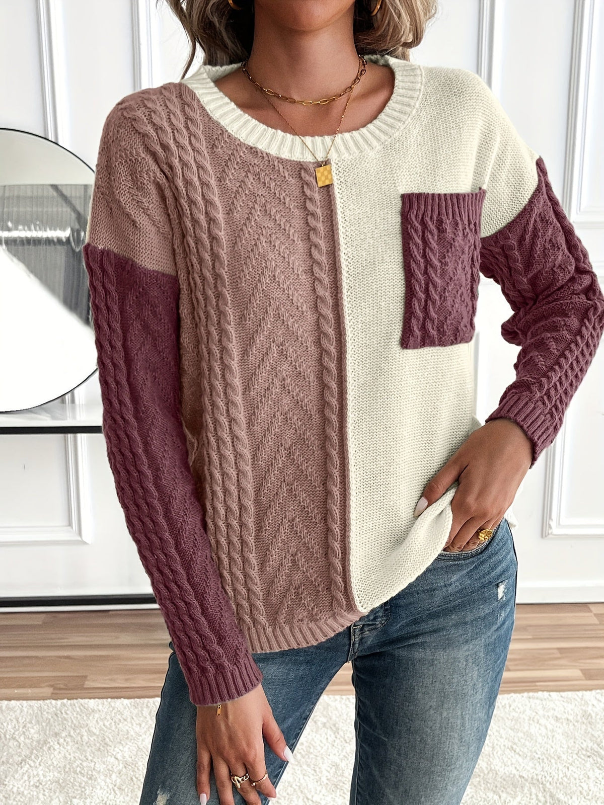 ARLA | COLORBLOCK CABLE KNIT SWEATER - Burgundy Colorblock