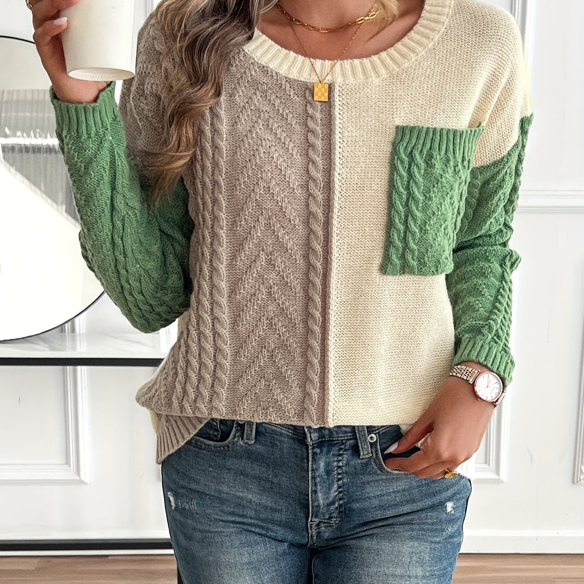ARLA | COLORBLOCK CABLE KNIT SWEATER - Green Colorblock