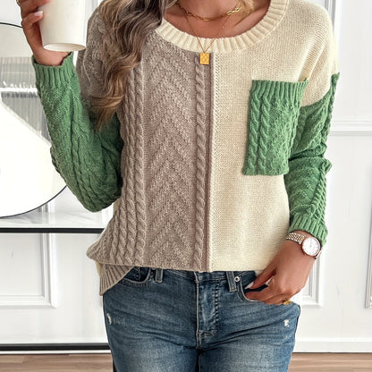 ARLA | COLORBLOCK CABLE KNIT SWEATER - Green Colorblock