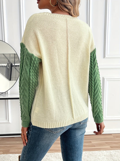ARLA | COLORBLOCK CABLE KNIT SWEATER - Green Colorblock