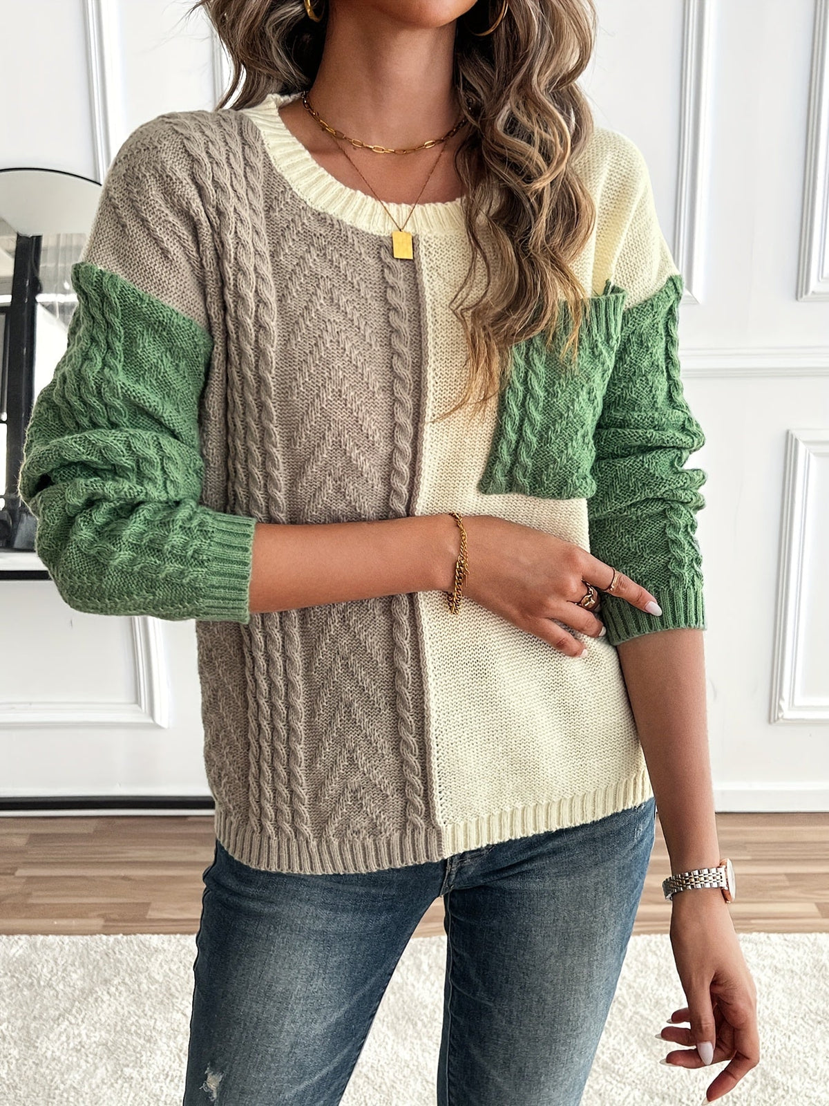 ARLA | COLORBLOCK CABLE KNIT SWEATER - Green Colorblock