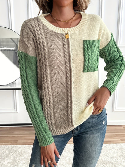 ARLA | COLORBLOCK CABLE KNIT SWEATER - Green Colorblock