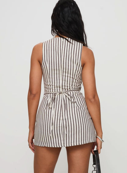 Back view of cream striped mini dress with tie closure
