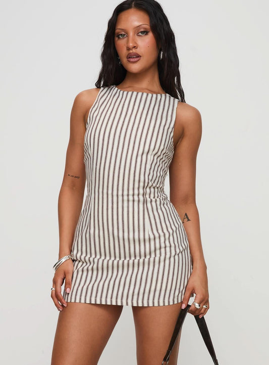 Cream and brown striped sleeveless mini dress with crew neckline