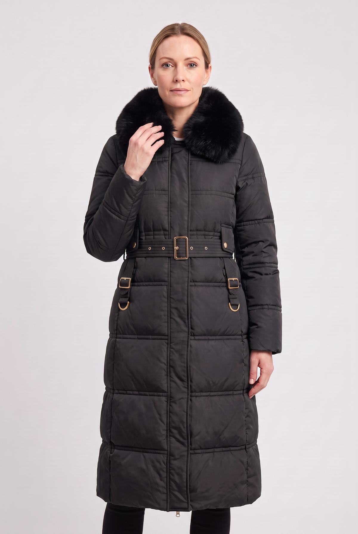 ASTERA | CONTRAST COLLAR LONGLINE PUFFER COAT - Black