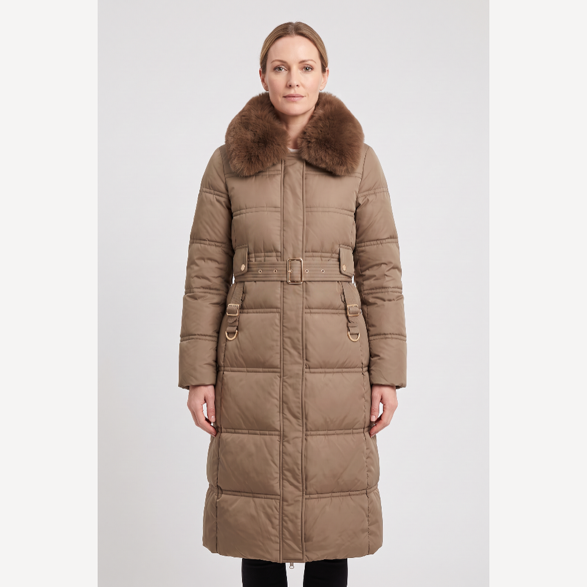 ASTERA | CONTRAST COLLAR LONGLINE PUFFER COAT - Brown
