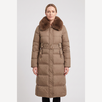 ASTERA | CONTRAST COLLAR LONGLINE PUFFER COAT - Brown