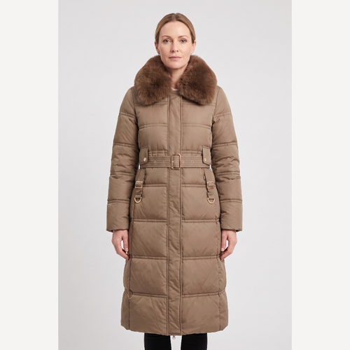 ASTERA | CONTRAST COLLAR LONGLINE PUFFER COAT - Brown