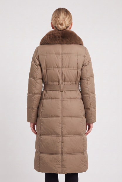 ASTERA | CONTRAST COLLAR LONGLINE PUFFER COAT - Brown