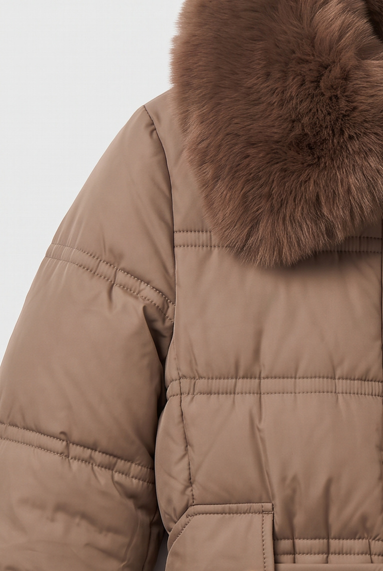 ASTERA | CONTRAST COLLAR LONGLINE PUFFER COAT - Brown