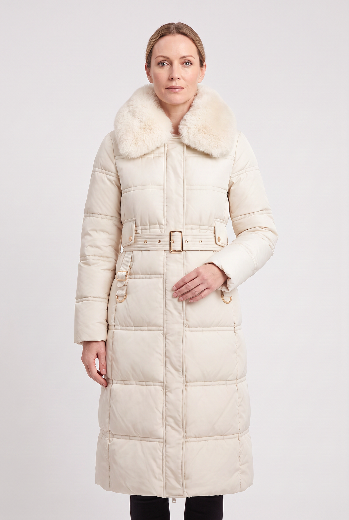 ASTERA | CONTRAST COLLAR LONGLINE PUFFER COAT - Ivory