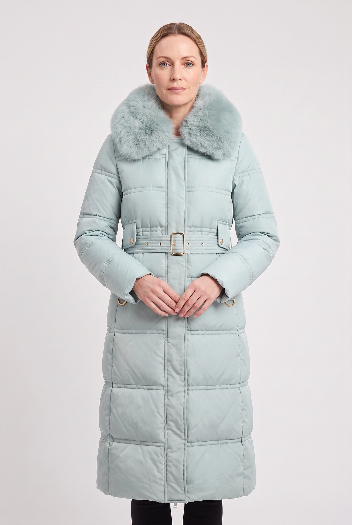 ASTERA | CONTRAST COLLAR LONGLINE PUFFER COAT - Sage