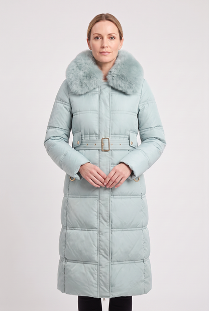 ASTERA | CONTRAST COLLAR LONGLINE PUFFER COAT - Sage