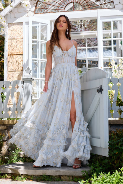 ASUNCION | CORSET MAXI DRESS - Baby Blue Floral