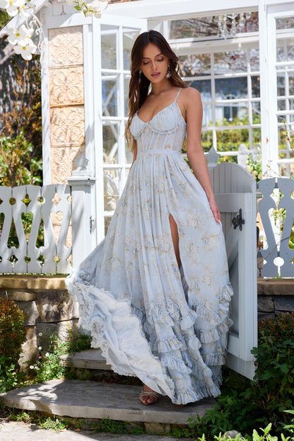ASUNCION | CORSET MAXI DRESS - Baby Blue Floral
