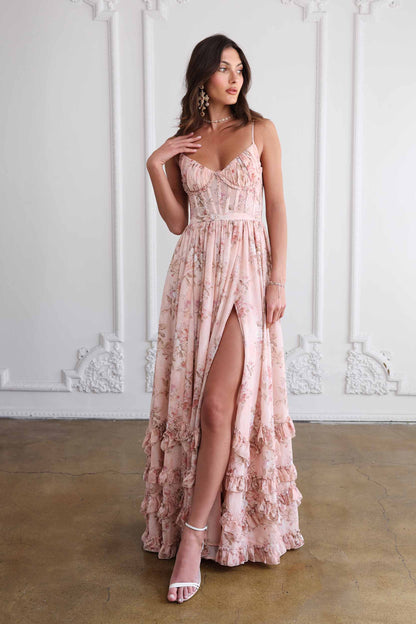 ASUNCION | CORSET MAXI DRESS - Peach Floral