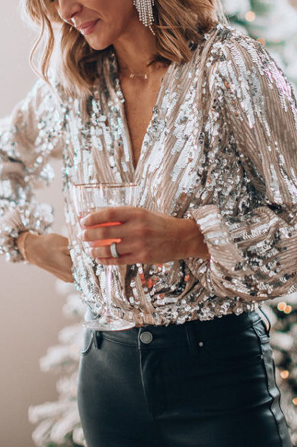 AUGUSTA | SEQUIN LONG SLEEVE WRAP TOP - Silver