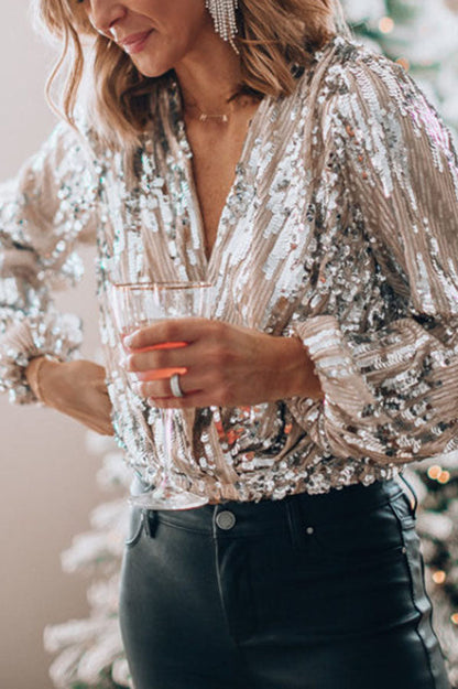 AUGUSTA | SEQUIN LONG SLEEVE WRAP TOP - Silver