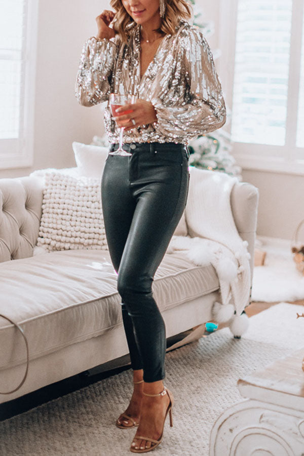 AUGUSTA | SEQUIN LONG SLEEVE WRAP TOP - Silver