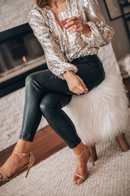 AUGUSTA | SEQUIN LONG SLEEVE WRAP TOP - Silver
