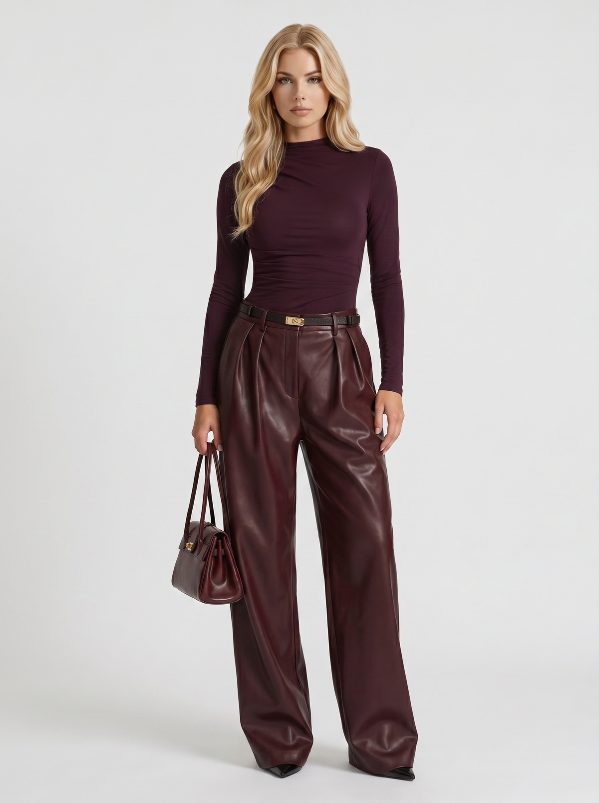 AVANI | FAUX LEATHER WIDE LEG PANTS - Burgundy