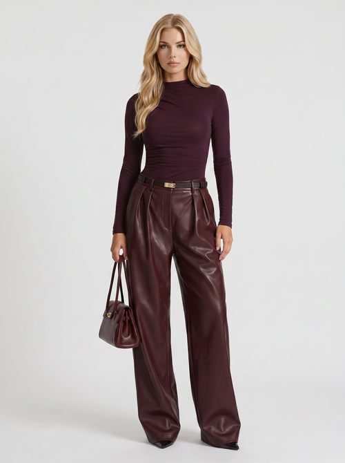 AVANI | FAUX LEATHER WIDE LEG PANTS - Burgundy
