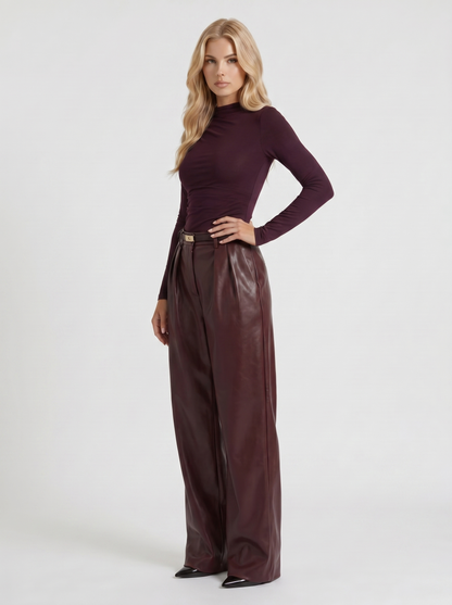 AVANI | FAUX LEATHER WIDE LEG PANTS - Burgundy