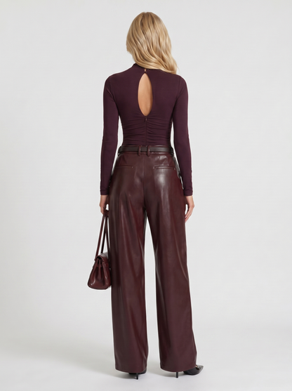 AVANI | FAUX LEATHER WIDE LEG PANTS - Burgundy