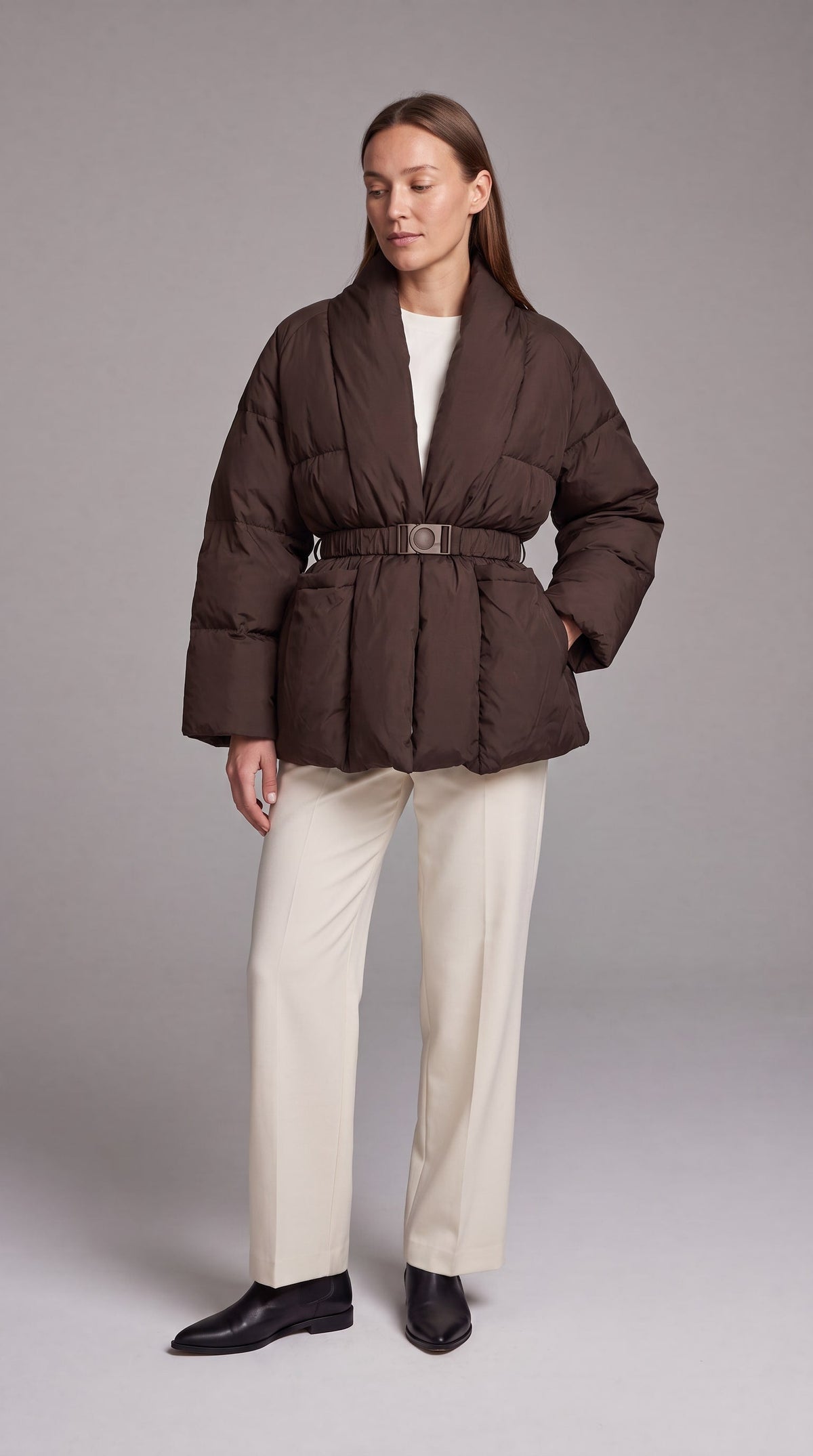 AVONLEA | BELTED QUILTED PUFFER COAT - Brown