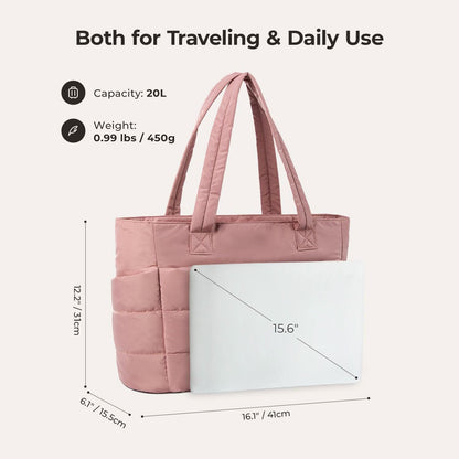Pink quilted city tote with 15.6 inch laptop capacity and dual handles
