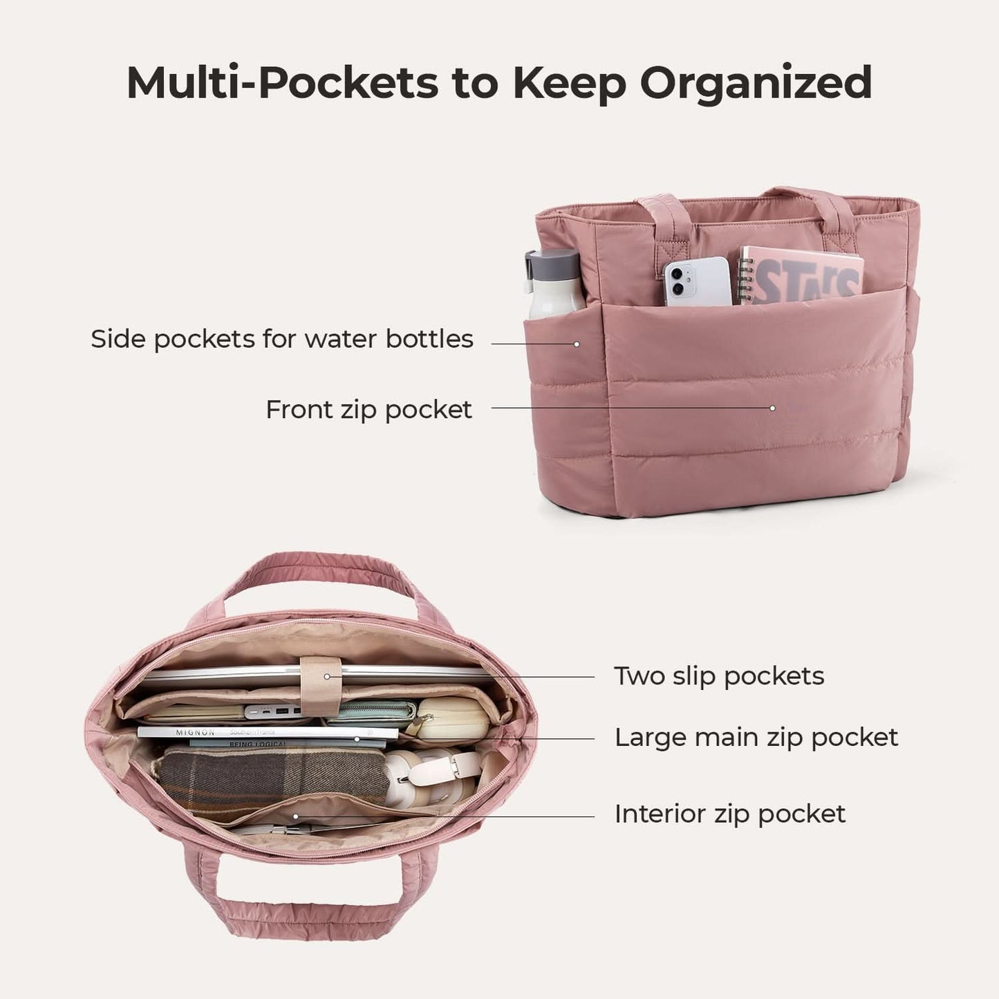 Pink quilted city tote with multiple pockets and water bottle side compartments