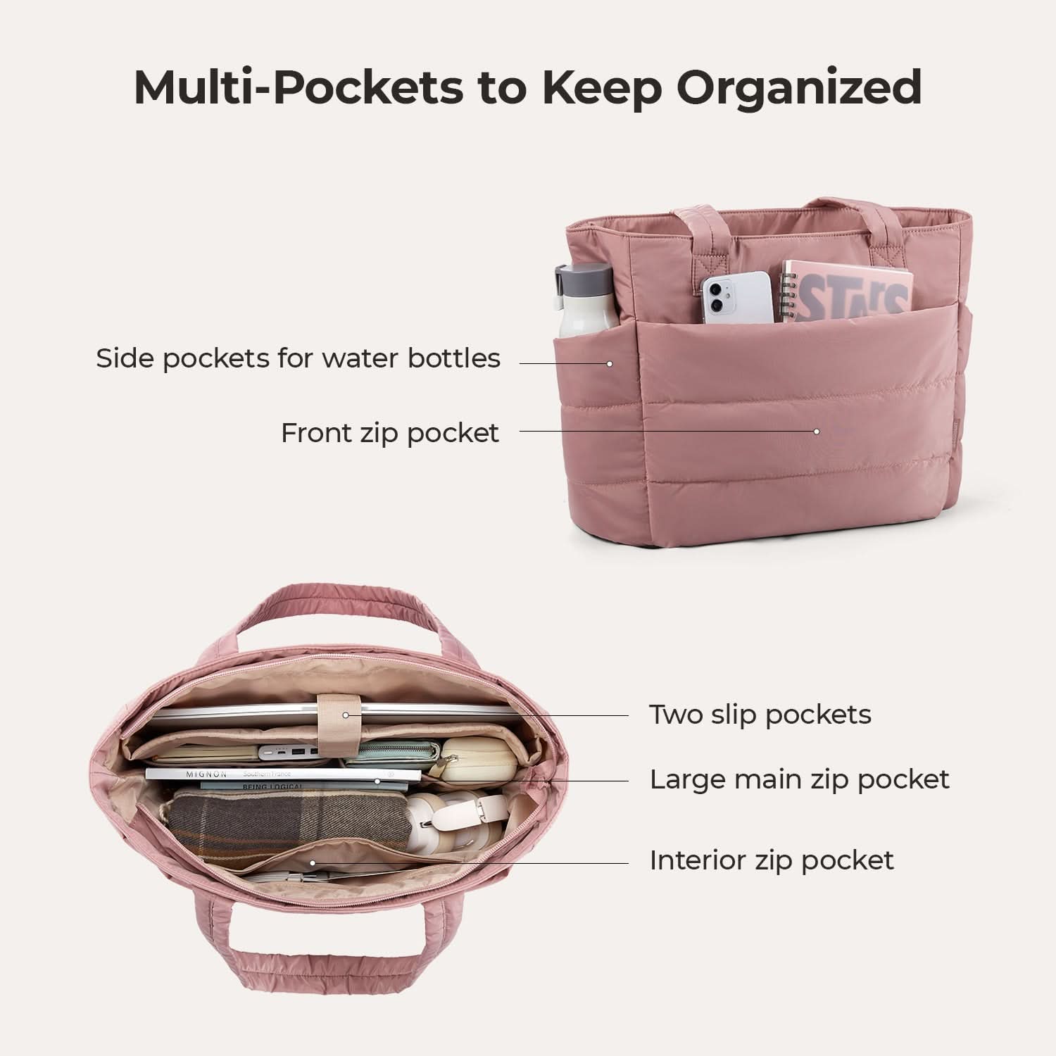 Pink quilted city tote with multiple pockets and water bottle side compartments